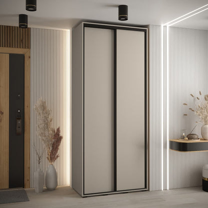 Modern wardrobe with sliding doors in a room with decorative elements.