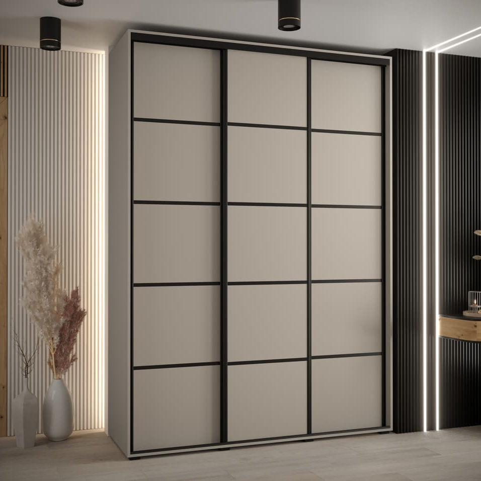 Modern sliding wardrobe with geometric design in a stylish room.