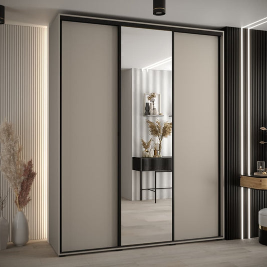 Modern sliding wardrobe with mirror doors in a stylish room setting.