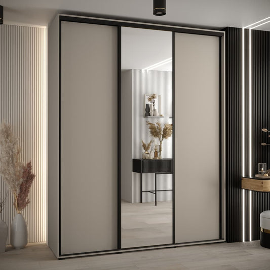 Modern sliding wardrobe with mirror doors in a stylish room setting.