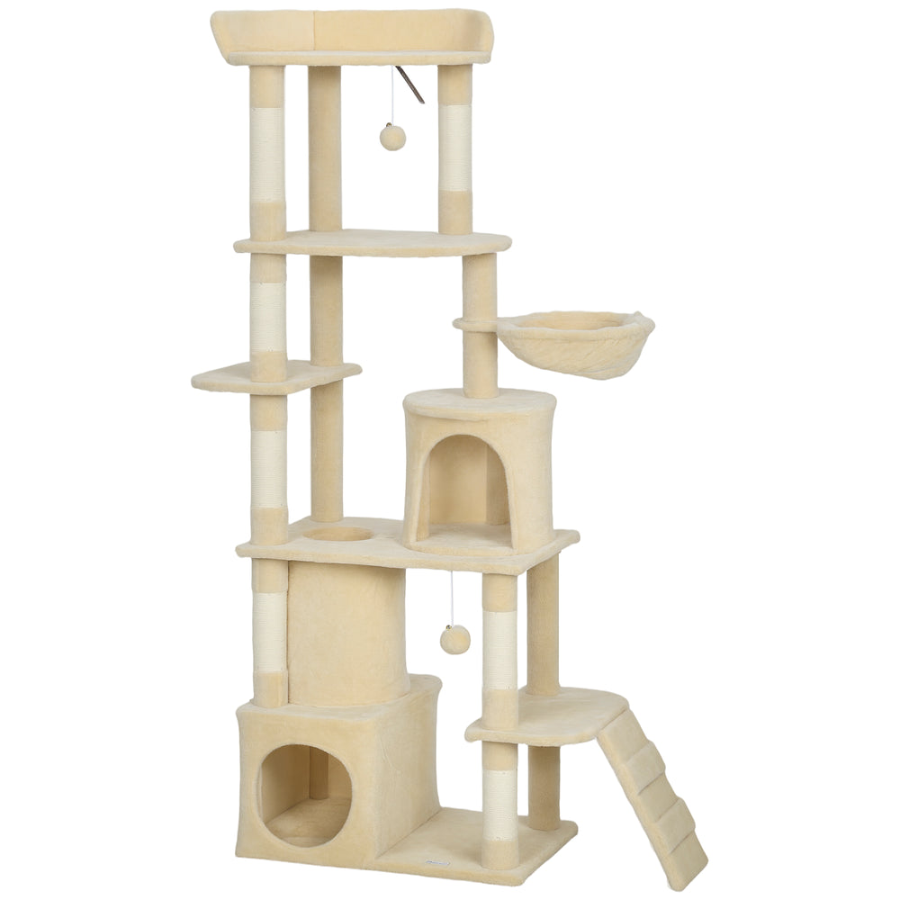PawHut 170 cm Large Cat Tree, Cat Tower with 7 Scratching Posts, Tunnel, 2 Condos, Hammock, Perch, Ramp, Pompoms, Beige
