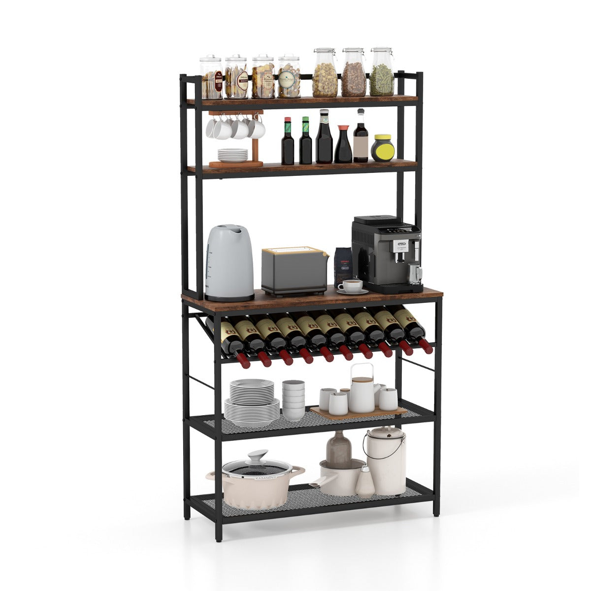 6-Tier Kitchen Baker’s Rack with Wine Storage-Brown