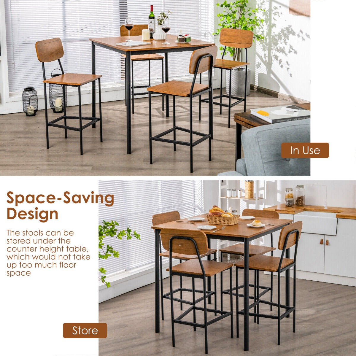 5 Pieces Industrial Dining Set Bar Counter Height Table and 4 Stools-Walnut