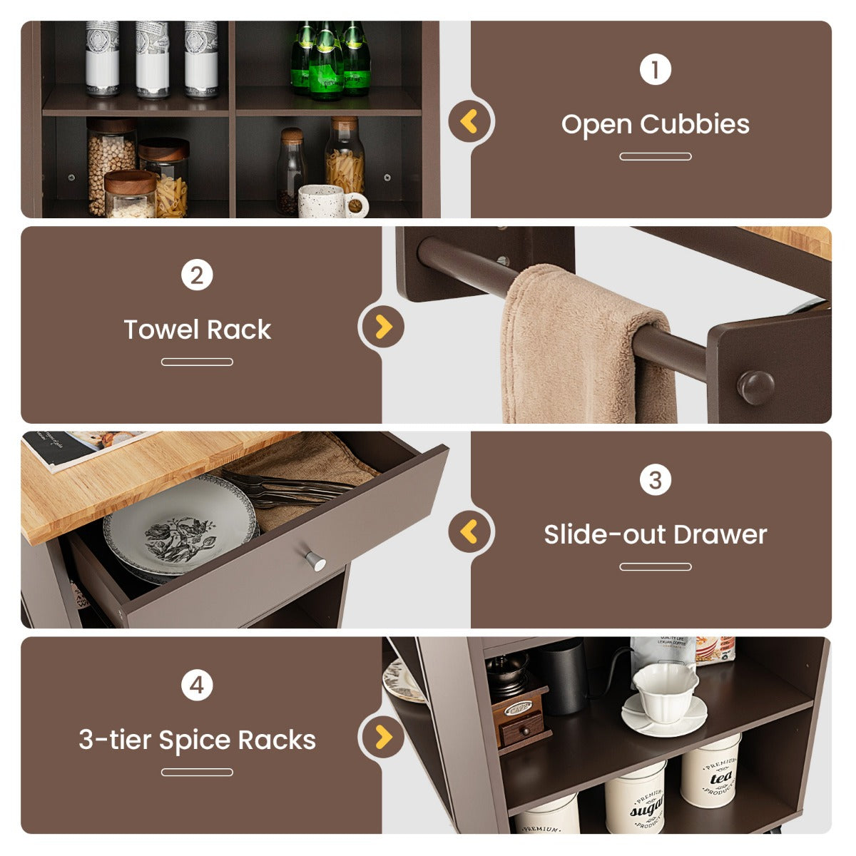 Mobile Serving Trolley Cart with Rubber Wood Top and Drawer-Brown