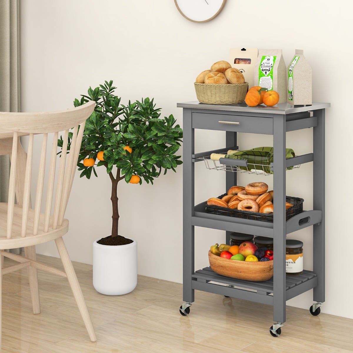 4-Tier Rolling Trolley Cart with Lock Wheels Basket and Drawer-Grey