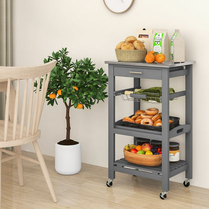 4-Tier Rolling Trolley Cart with Lock Wheels Basket and Drawer-Grey