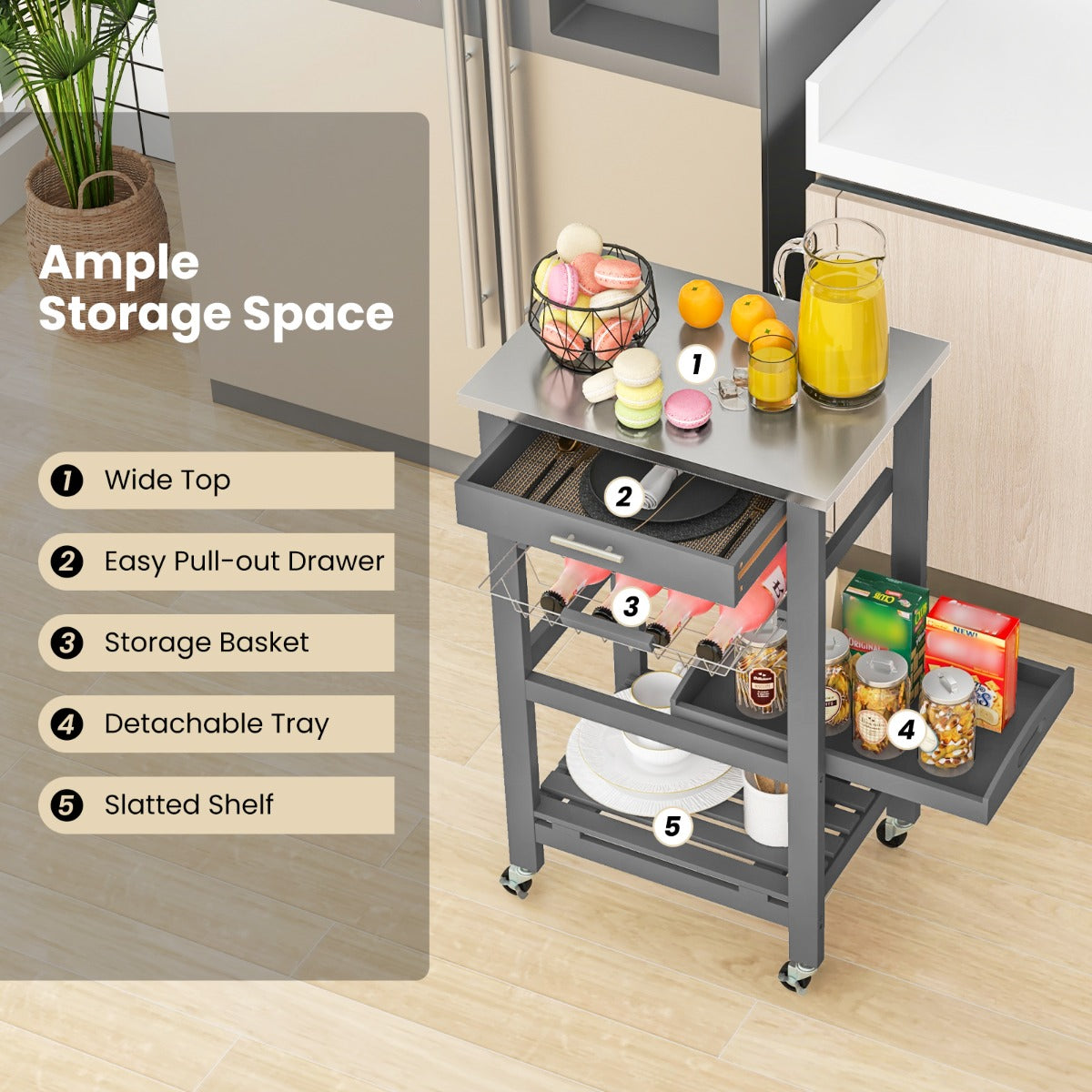 4-Tier Rolling Trolley Cart with Lock Wheels Basket and Drawer-Grey