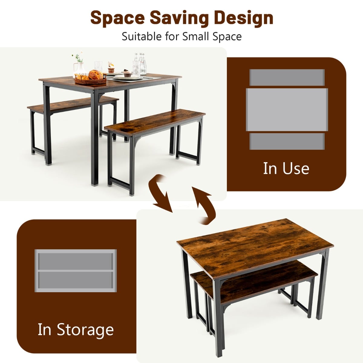 3 Pieces Space-Saving Dining Breakfast Table Set with 2 Benches-Coffee