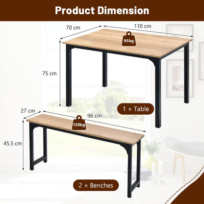 3 Pieces Space-Saving Dining Breakfast Table Set with 2 Benches-Natural