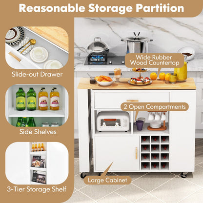 Reversible Folding Kitchen Island Cart with Wine Rack and Spice Rack