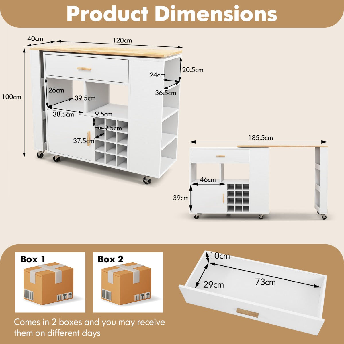 Reversible Folding Kitchen Island Cart with Wine Rack and Spice Rack