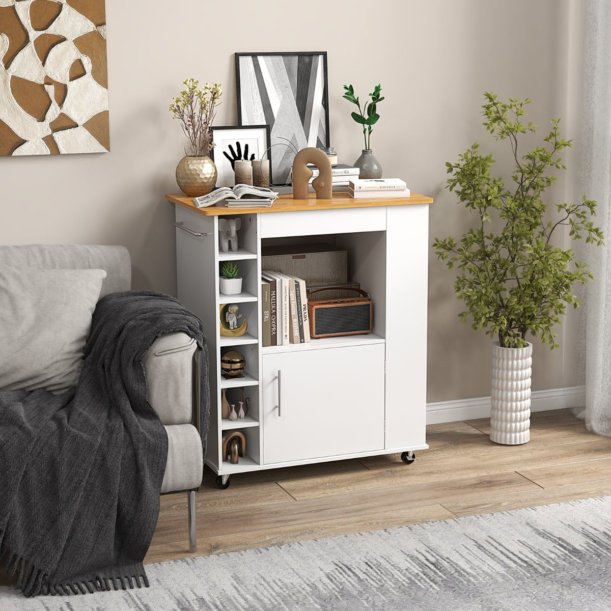 Rolling Kitchen Island with Storage and Towel Rack-White