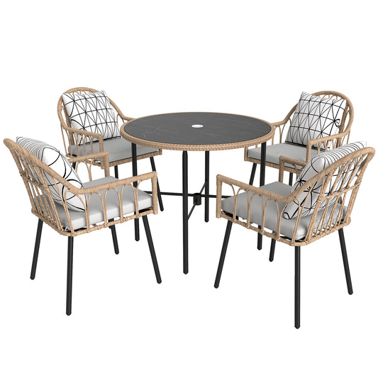 Outsunny 5 Piece Patio Rattan Dining Set, Wicker Garden Table and Chairs w/ Removable Seat & Back Cushions, Round Tempered Glass Tabletop, Parasol Hole, Outdoor Furniture Conservatory Set, Light Brown