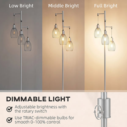 HOMCOM 170.5cm Industrial Dimmable Standing Lamp, 3-Light Floor Lamp with Steel Wire Cage Lampshades, Silver Tone
