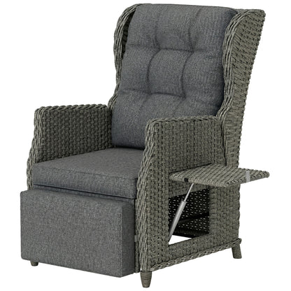Outsunny Rattan Garden Recliner Chair, Reclining Garden Chair with Adjustable Back and Footrest, Flip Table, Cushion, Dark Grey