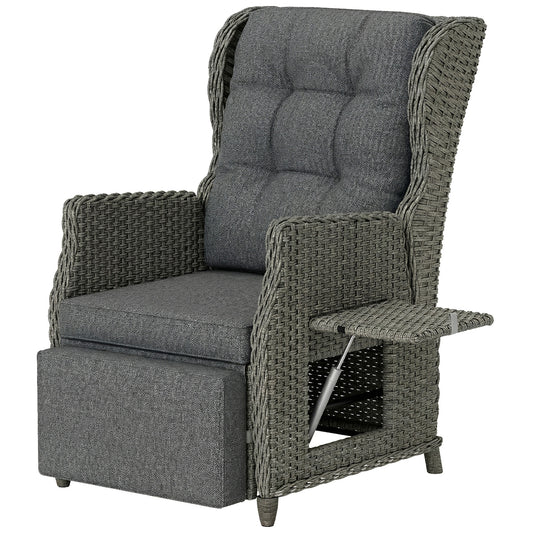 Outsunny Rattan Garden Recliner Chair, Reclining Garden Chair with Adjustable Back and Footrest, Flip Table, Cushion, Dark Grey