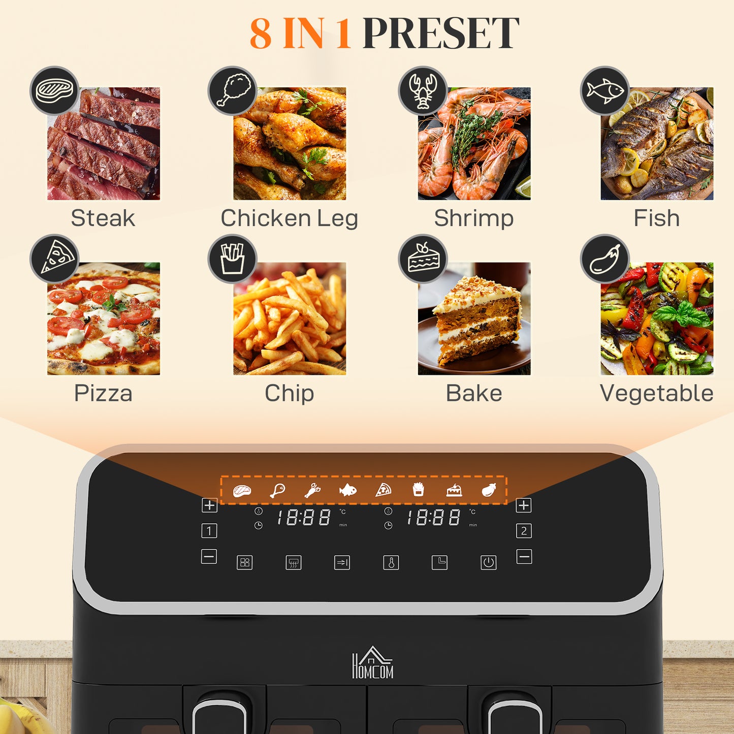 HOMCOM 8L Dual Basket Air Fryer, 80-200â Air Fryer Oven with 2 Baskets and Sync Function - Black/Silver