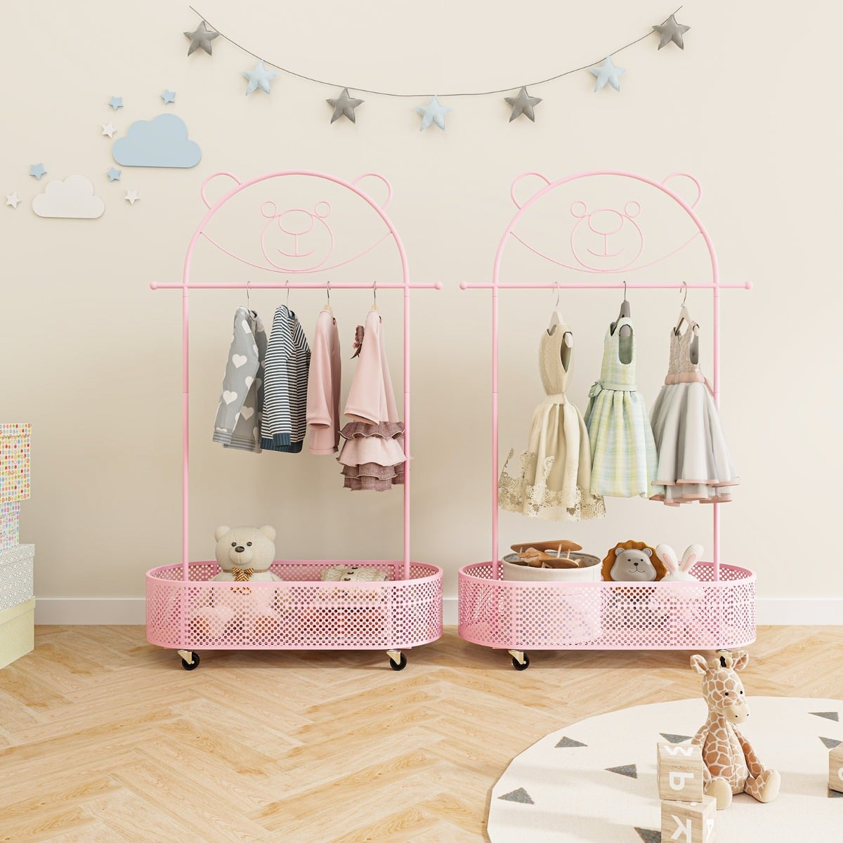 Kid Clothes Rack with 3 Adjustable Heights for Children Adults-Pink