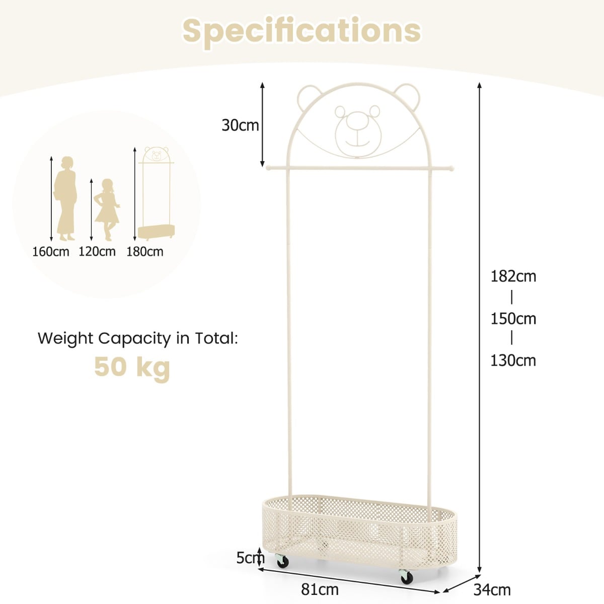 Kid Clothes Rack with 3 Adjustable Heights for Children Adults-White