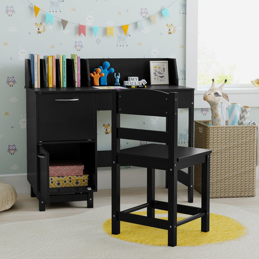 Kid's Study Desk and Chair Set with Deep Drawer and Enclosed Cabinets-Black