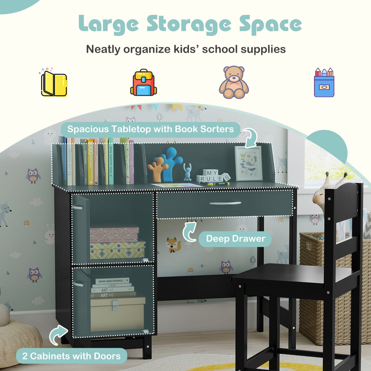 Kid's Study Desk and Chair Set with Deep Drawer and Enclosed Cabinets-Black