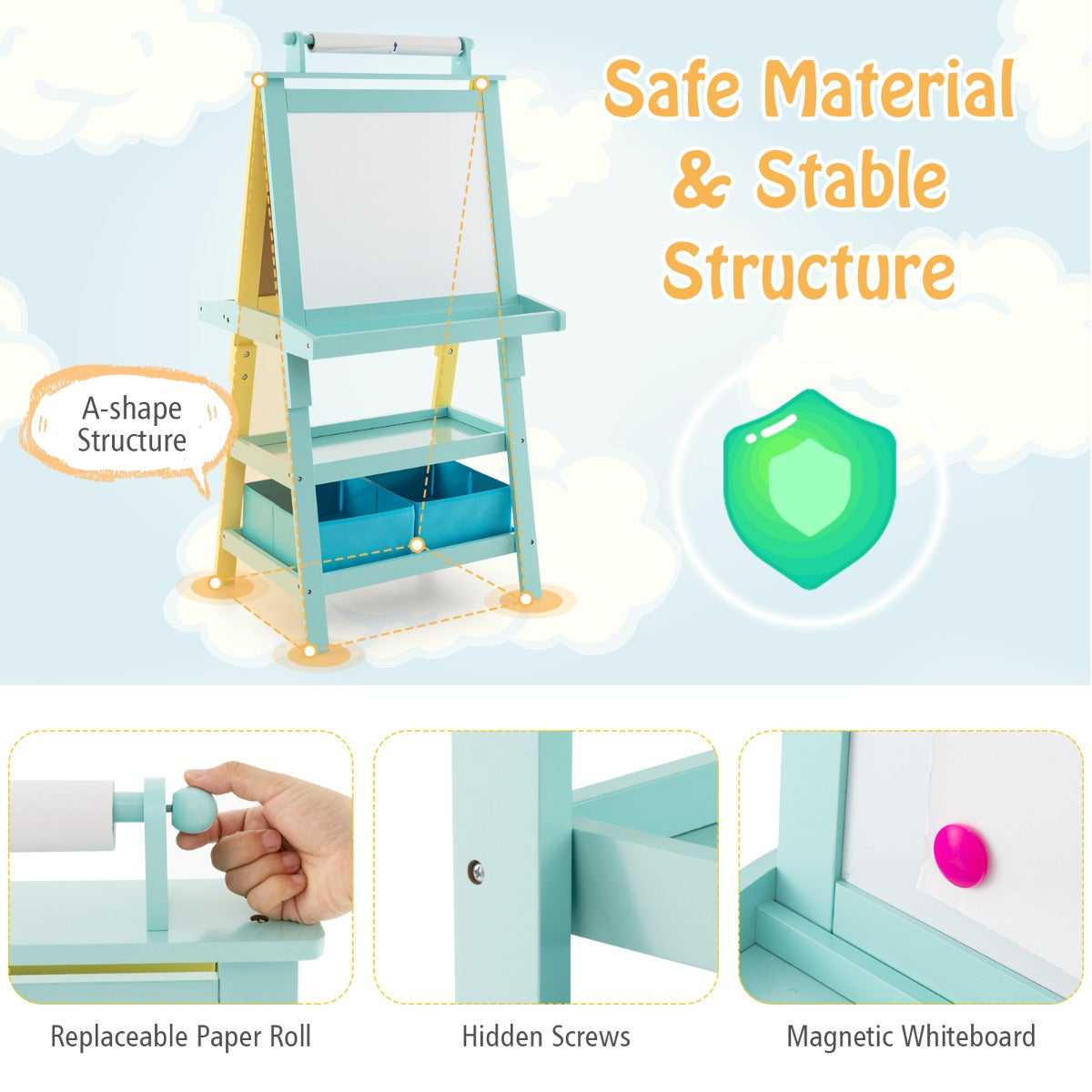 Children's Double-Sided Art Easel with Paper Roll-Yellow