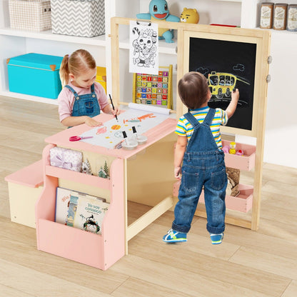 Kids Art Easel Table and Bench Set with Adjustable Easel and Bookshelf-Pink