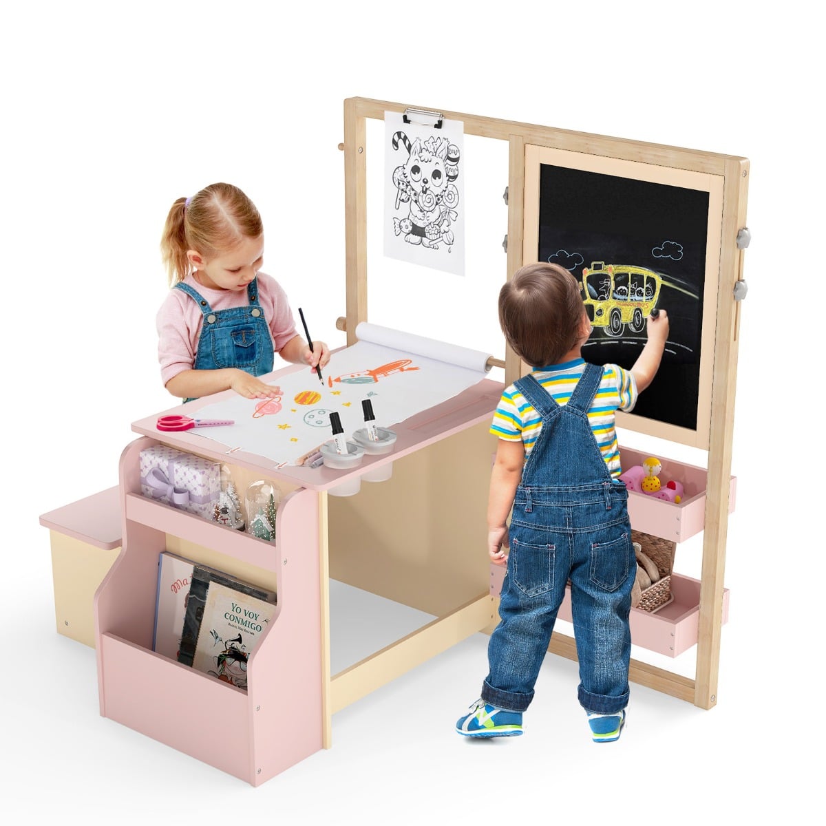 Kids Art Easel Table and Bench Set with Adjustable Easel and Bookshelf-Pink