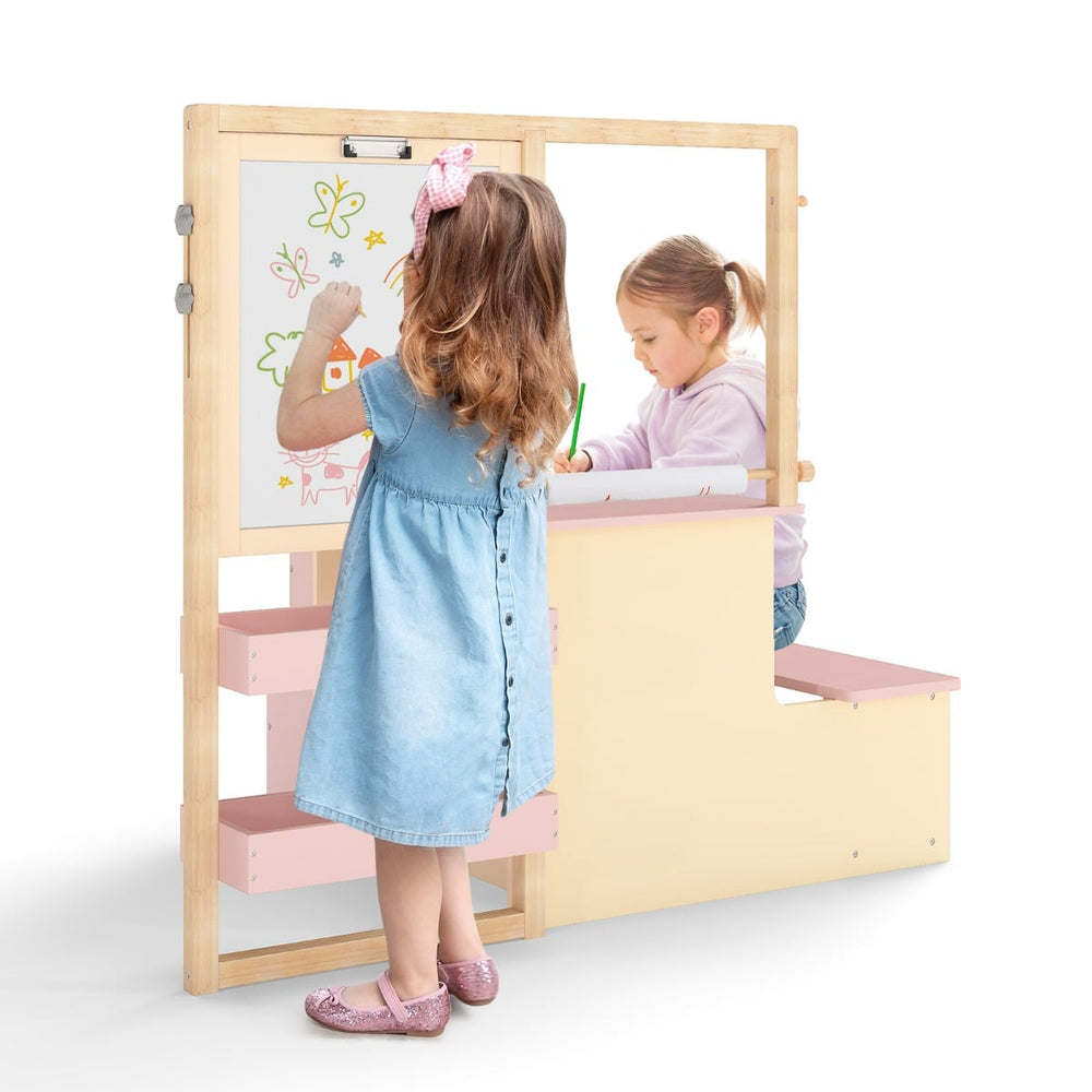 Kids Art Easel Table and Bench Set with Adjustable Easel and Bookshelf-Pink