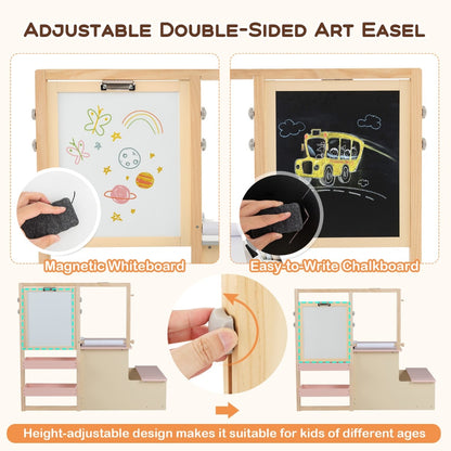 Kids Art Easel Table and Bench Set with Adjustable Easel and Bookshelf-Pink