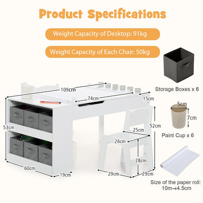 Kids Art Table and 2 Chairs Set with Paper Roll for Daycare Nursery Playroom