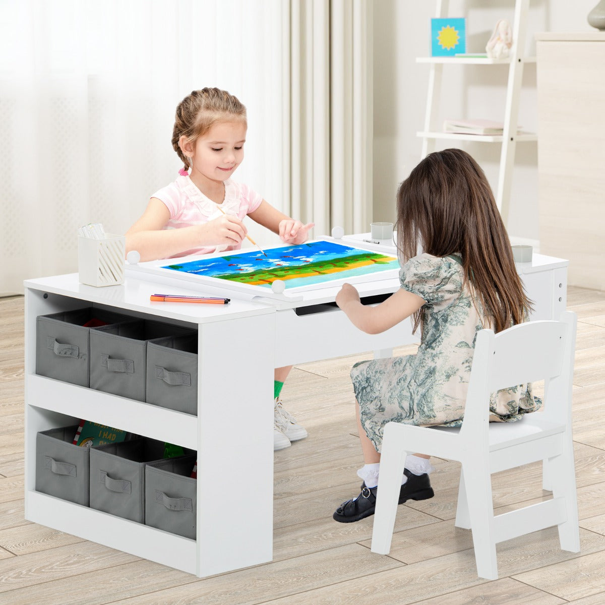 Kids Art Table and 2 Chairs Set with Paper Roll for Daycare Nursery Playroom