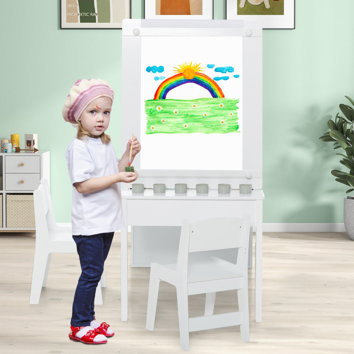 Kids Art Table and 2 Chairs Set with Paper Roll for Daycare Nursery Playroom