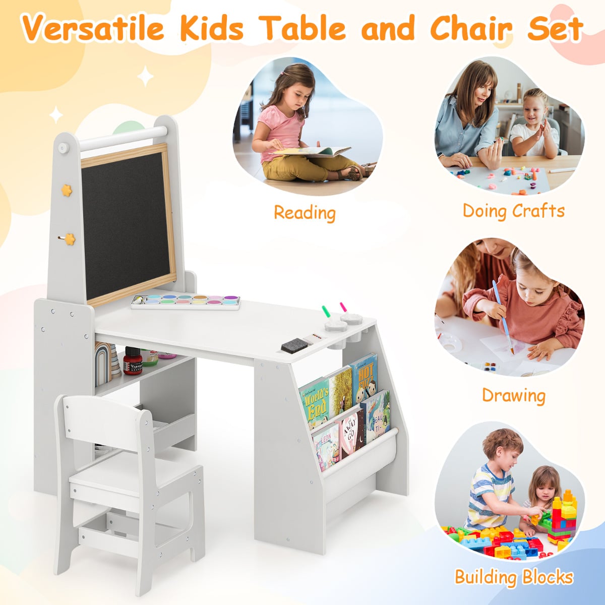 Kids Art Table and Chair Set Multifunctional Kids Activity-Grey