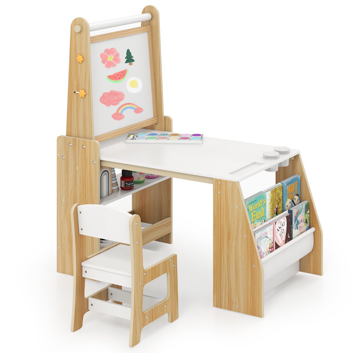 Kids Art Table and Chair Set Multifunctional Kids Activity-Natural