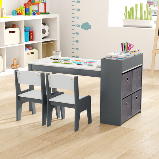 Kids Art Table and Chairs Set with Paper Roll and Storage Shelves-Grey