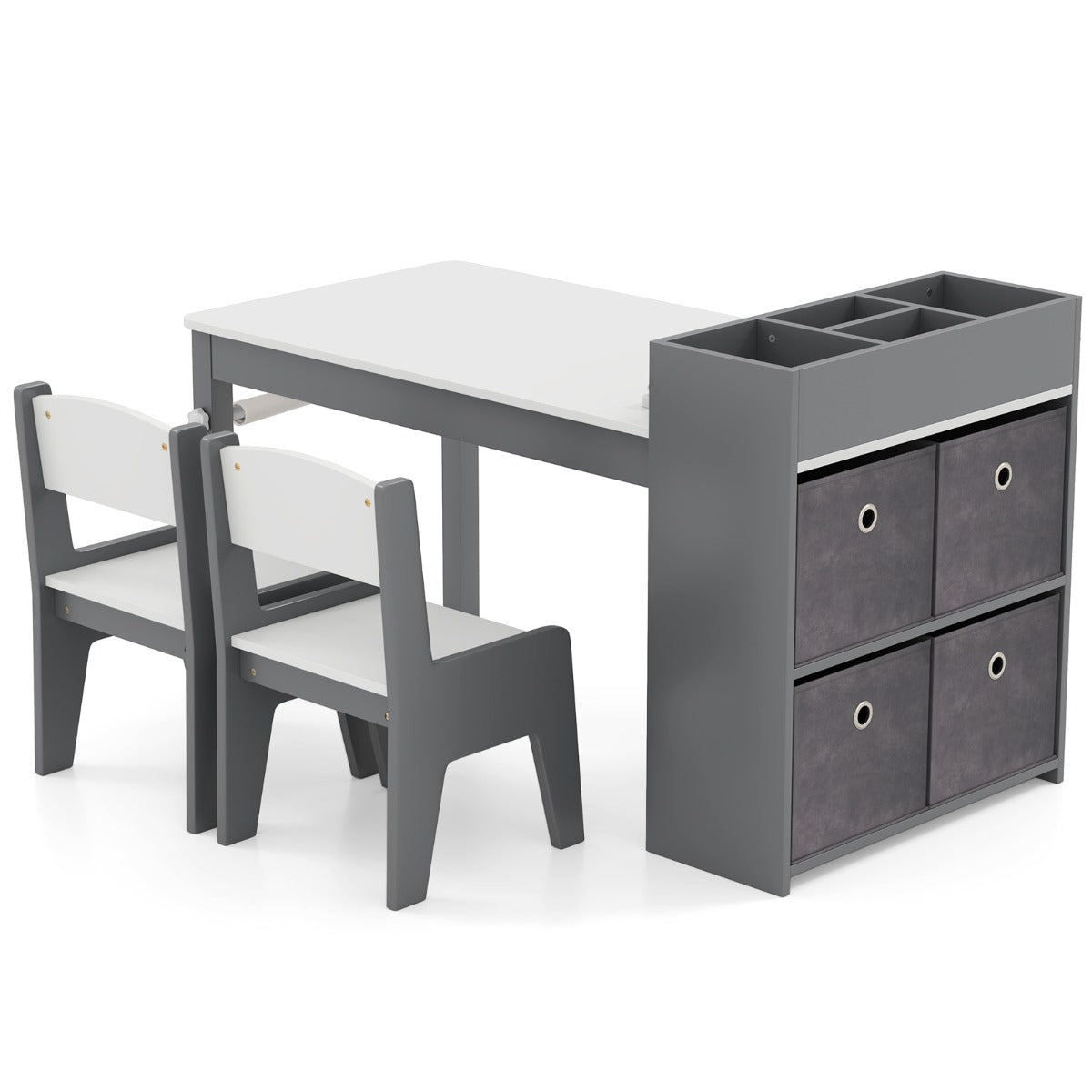 Kids Art Table and Chairs Set with Paper Roll and Storage Shelves-Grey