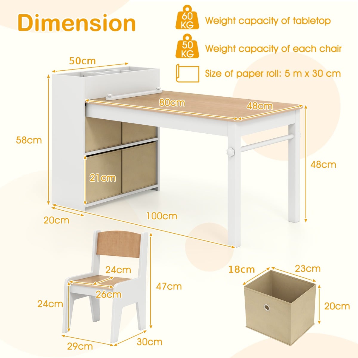 Kids Art Table and Chairs Set with Paper Roll and Storage Shelves-Natural