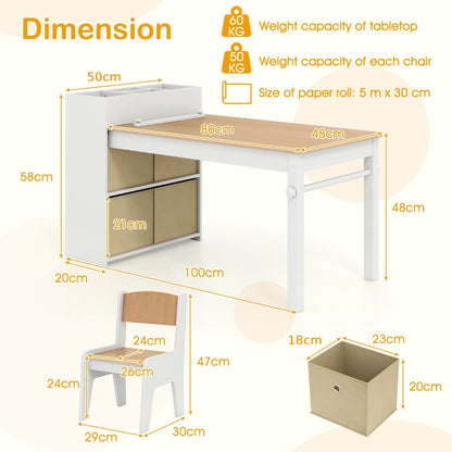Kids Art Table and Chairs Set with Paper Roll and Storage Shelves-Natural