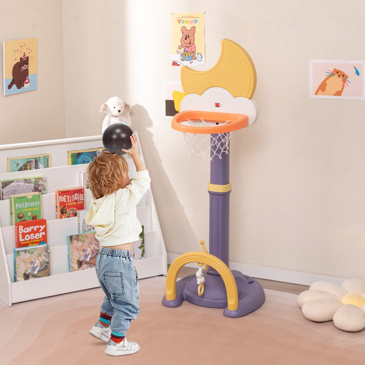 4-In-1 Kids Basketball Hoop with Adjustable Height for Kids-Yellow