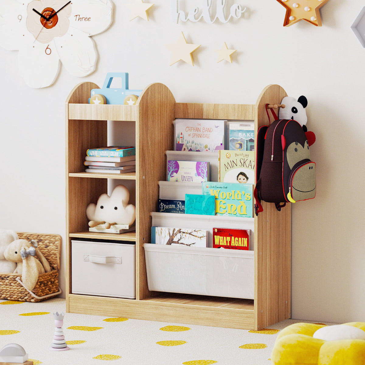 Kids Bookshelf with Full-Length Mirror and 4-Tier Sling Shelves-Natural