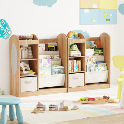 Kids Bookshelf with Full-Length Mirror and 4-Tier Sling Shelves-Natural