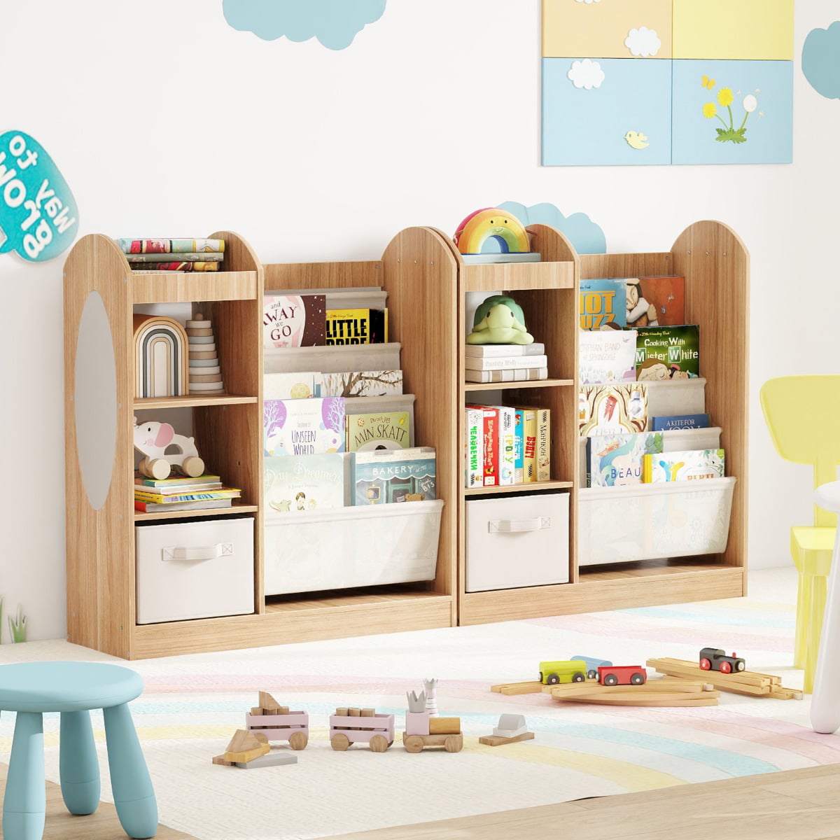Kids Bookshelf with Full-Length Mirror and 4-Tier Sling Shelves-Natural