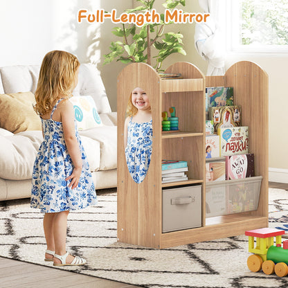 Kids Bookshelf with Full-Length Mirror and 4-Tier Sling Shelves-Natural