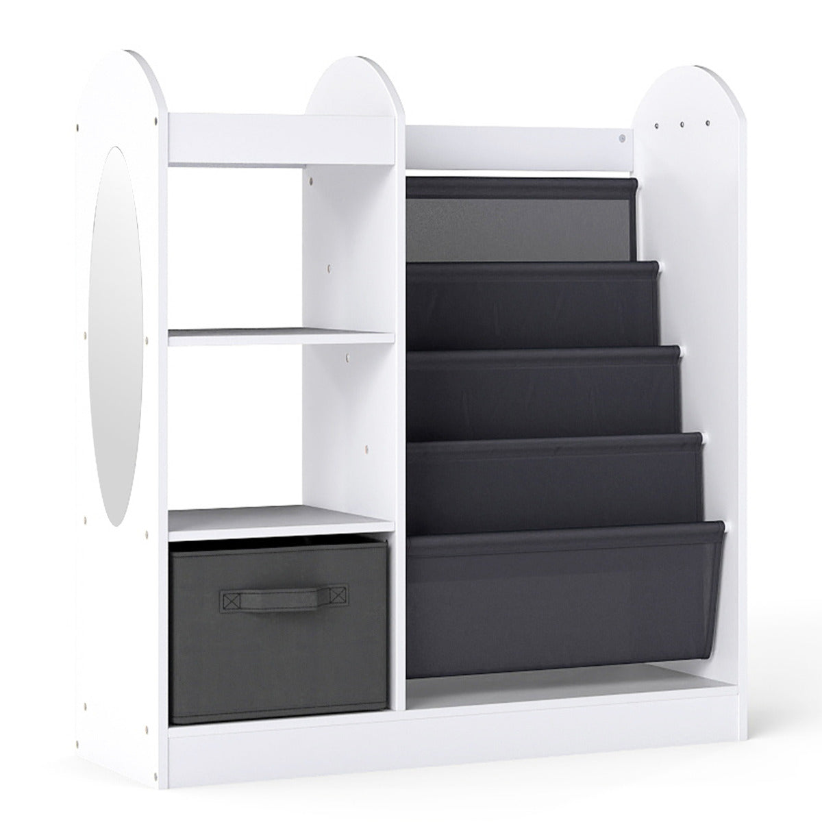 Kids Bookshelf with Full-Length Mirror and 4-Tier Sling Shelves-White