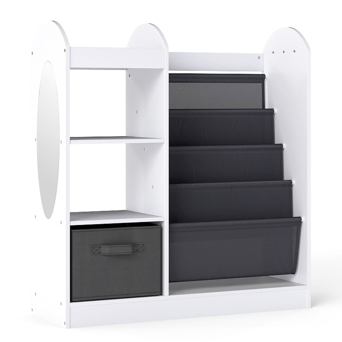 Kids Bookshelf with Full-Length Mirror and 4-Tier Sling Shelves-White