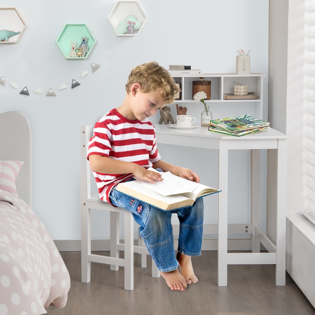 Kids Corner Desk and Chair Set with Chair and Hutch-White