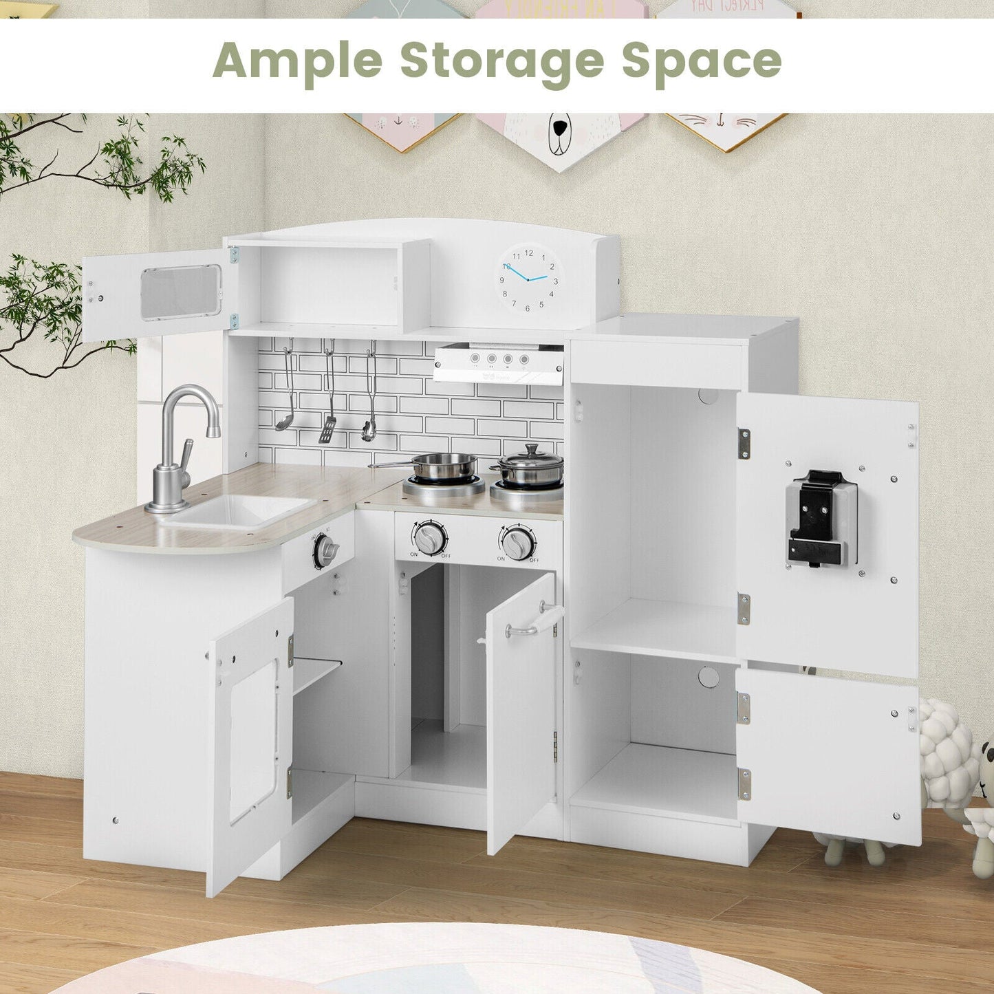 Kids Corner Kitchen Playset with Microwave and Fridge-Natural