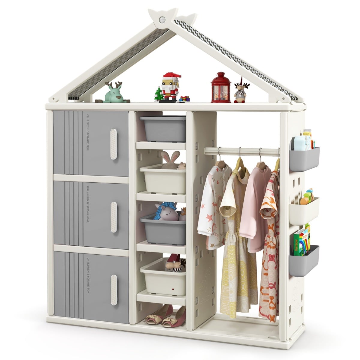Kids Costume Storage Closet with Storage Bin-Grey