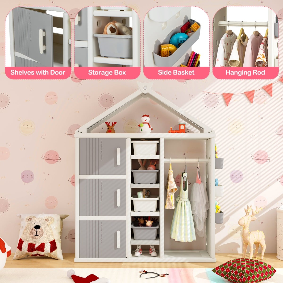 Kids Costume Storage Closet with Storage Bin-Grey